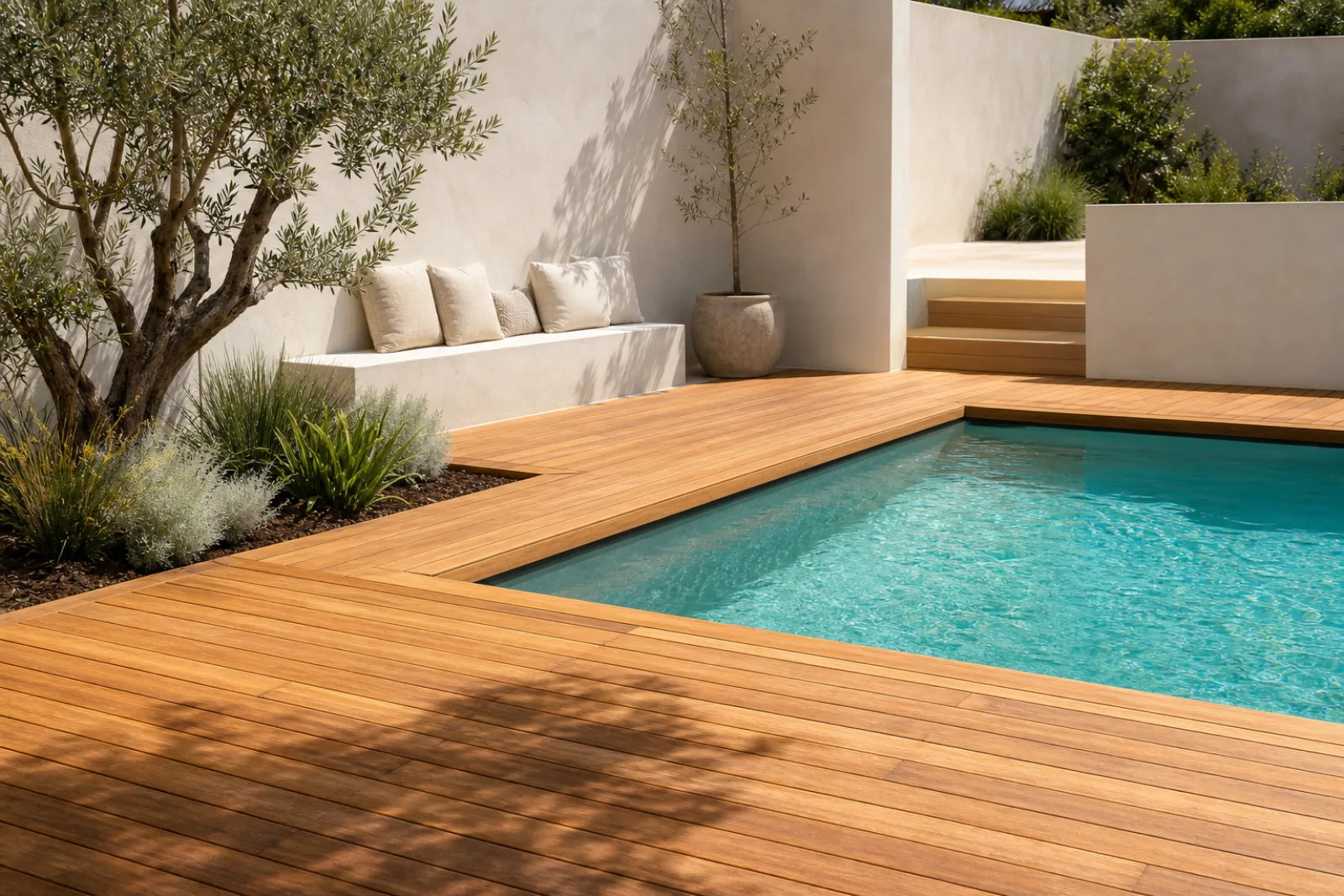 Suelo de madera clara alrededor de una piscina