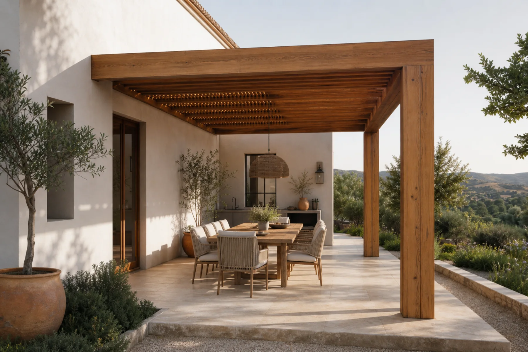Pérgola de madera natural adosada a una vivienda mediterránea