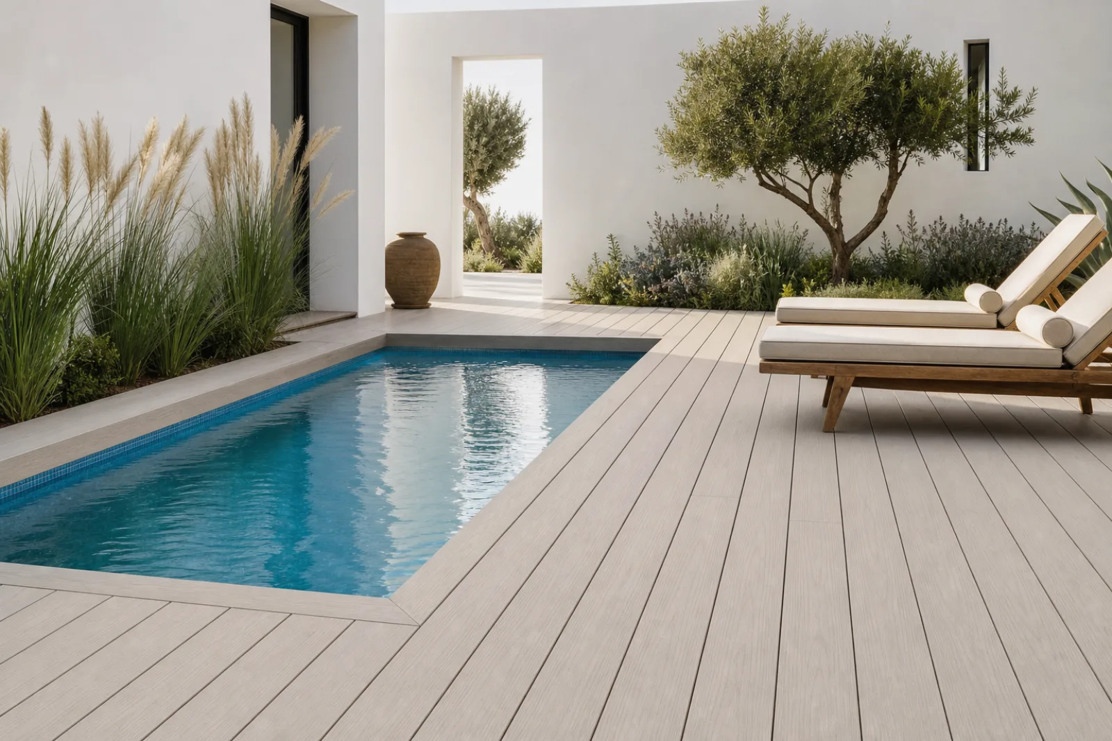 Suelo sintético gris claro junto a una piscina